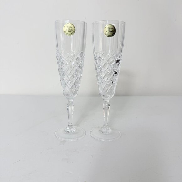 French Crystal Champagne Glasses VTG Set of 2 Cristal De Flandre Flutes Stemware - Picture 15 of 15
